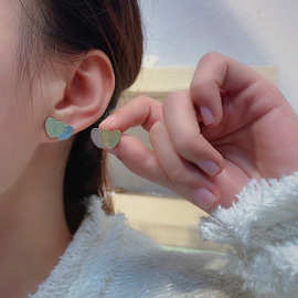 韩国东大门S925银针双爱心金属感耳钉小众设计简约冷淡风百搭耳饰