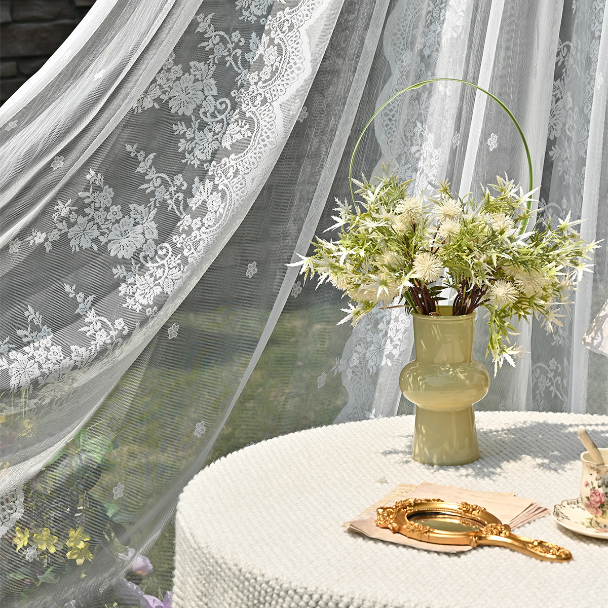 Amazon 2PC/Set Encaje por urdimbre Encaje vertical de doble fila Encaje Cortina de cortina semi-opacable al aire libre pastoral