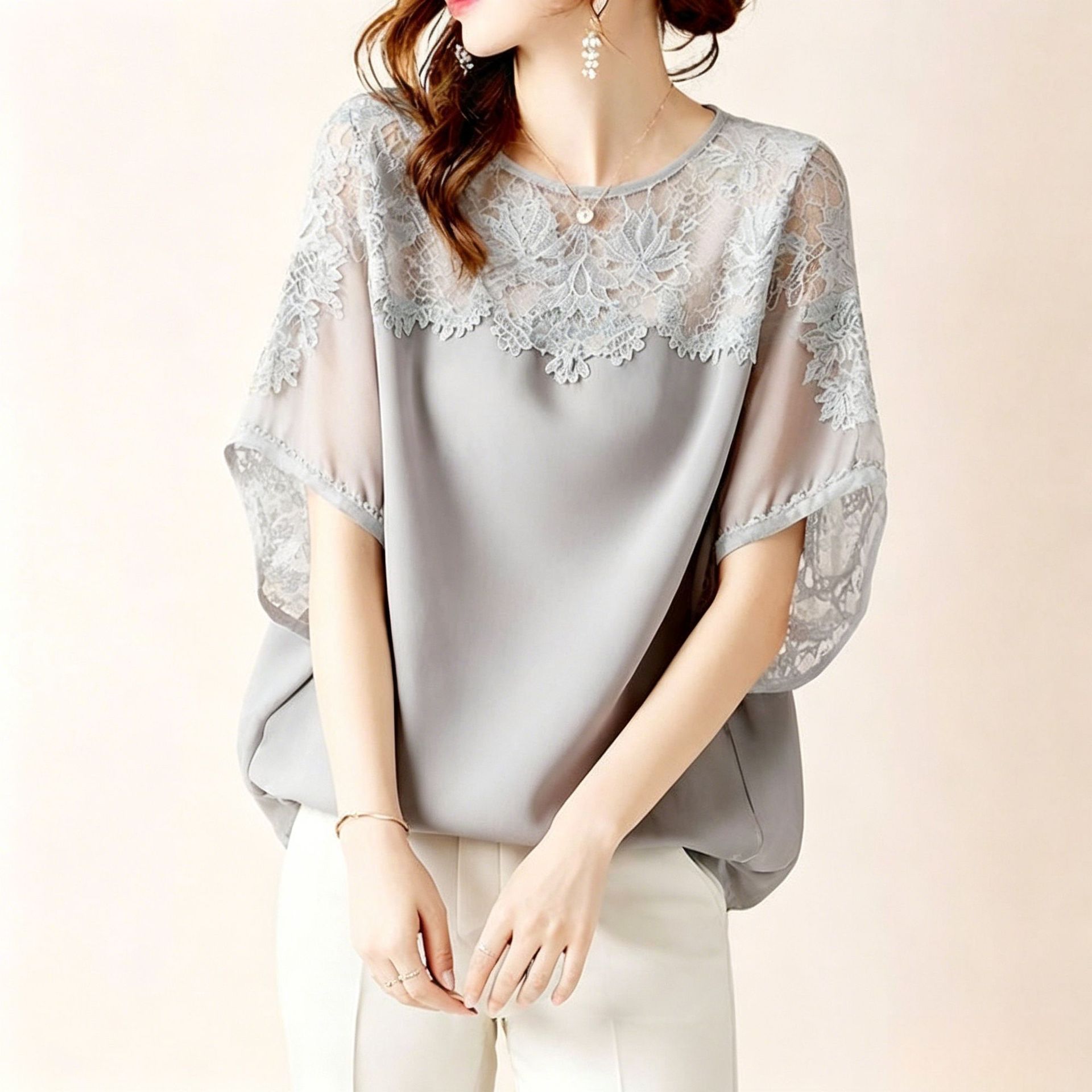 Japanese Style 2026 New Lace Patchwork Satin T-Shirt for Women, Summer New Stylish Slim Chiffon Short-Sleeve Top