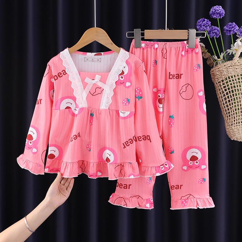 Pijamas para niños niñas de primavera y otoño traje de manga larga bebé Delgado mediano y grande niños niñas dulce dibujos animados homewear ropa exterior