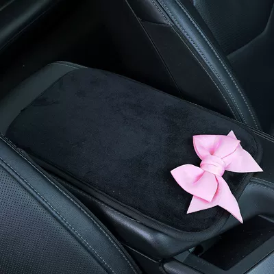 Car armrest cushion, short plush universal armrest pad with ice silk bow decoration (Armrest box pad) - black-and-pink