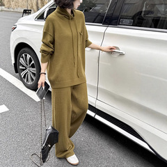外贸跨境时尚套装女秋冬新款休闲纯色宽松针织半高领毛衣两件套女