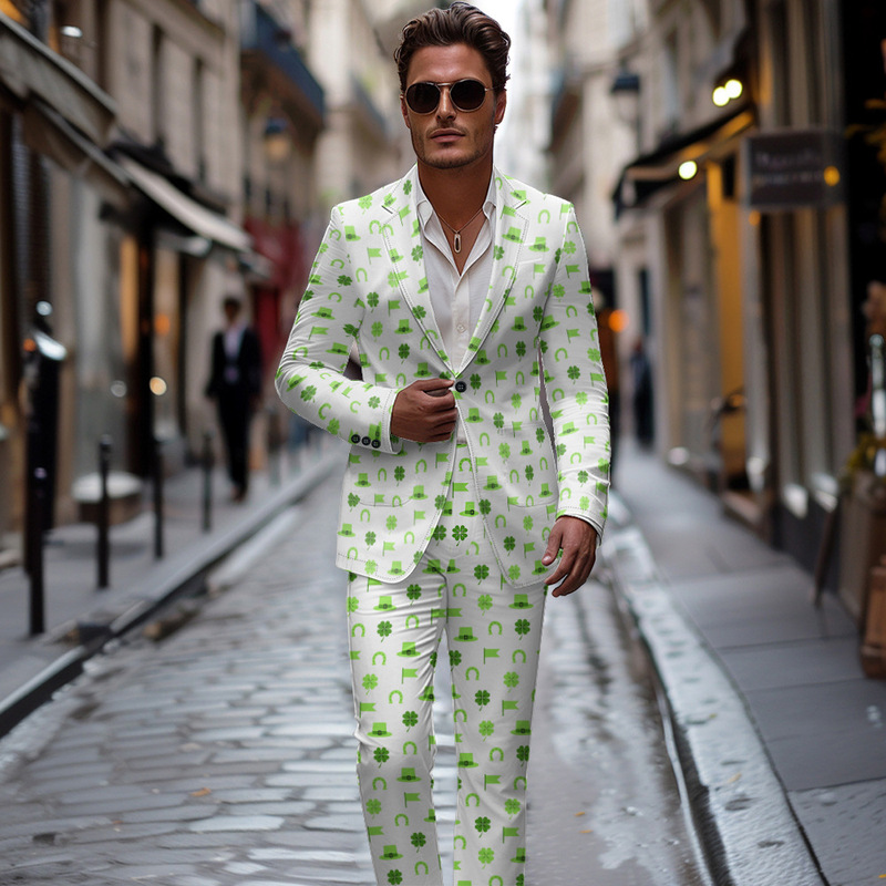 European and American Men's Fashion New Suit suit Trendy Four-leaf Clover Pattern Men's and Women's Casual Suit Two-piece Set European and American Men's Fashion New Suit suit Trendy Four-leaf Clover Pattern Men's and Women's Casual Suit Two-piece Set