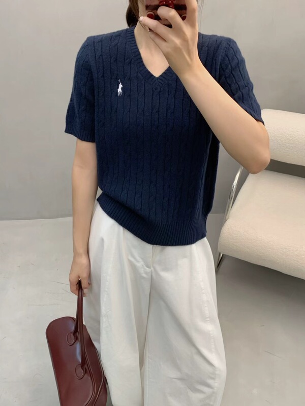 春秋小马刺绣短袖V领针织衫女经典麻花毛衣时尚休闲通勤显瘦上衣|undefined