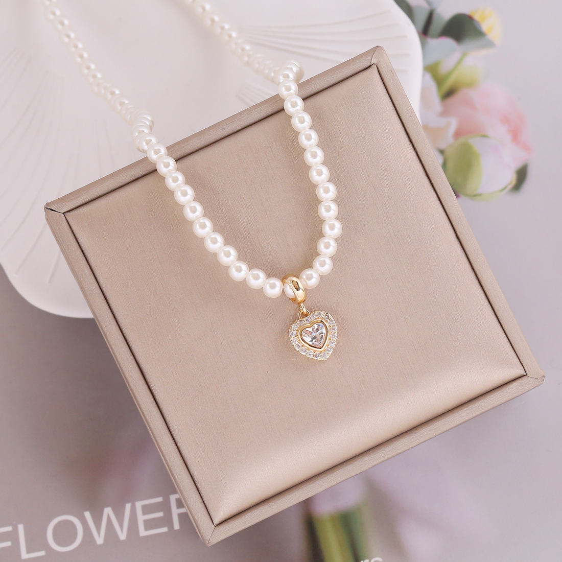 European and American pearl necklace fashion full zircon heart pendant temperament clavicle chain