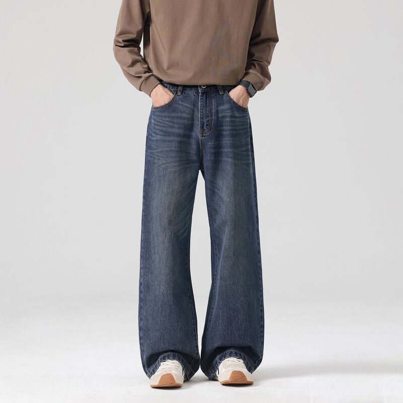 Shanggu Men's American Retro Wide-Leg Light Business Denim Pants, High-Quality Washed, Drapey, Loose Straight-Leg Long Pants