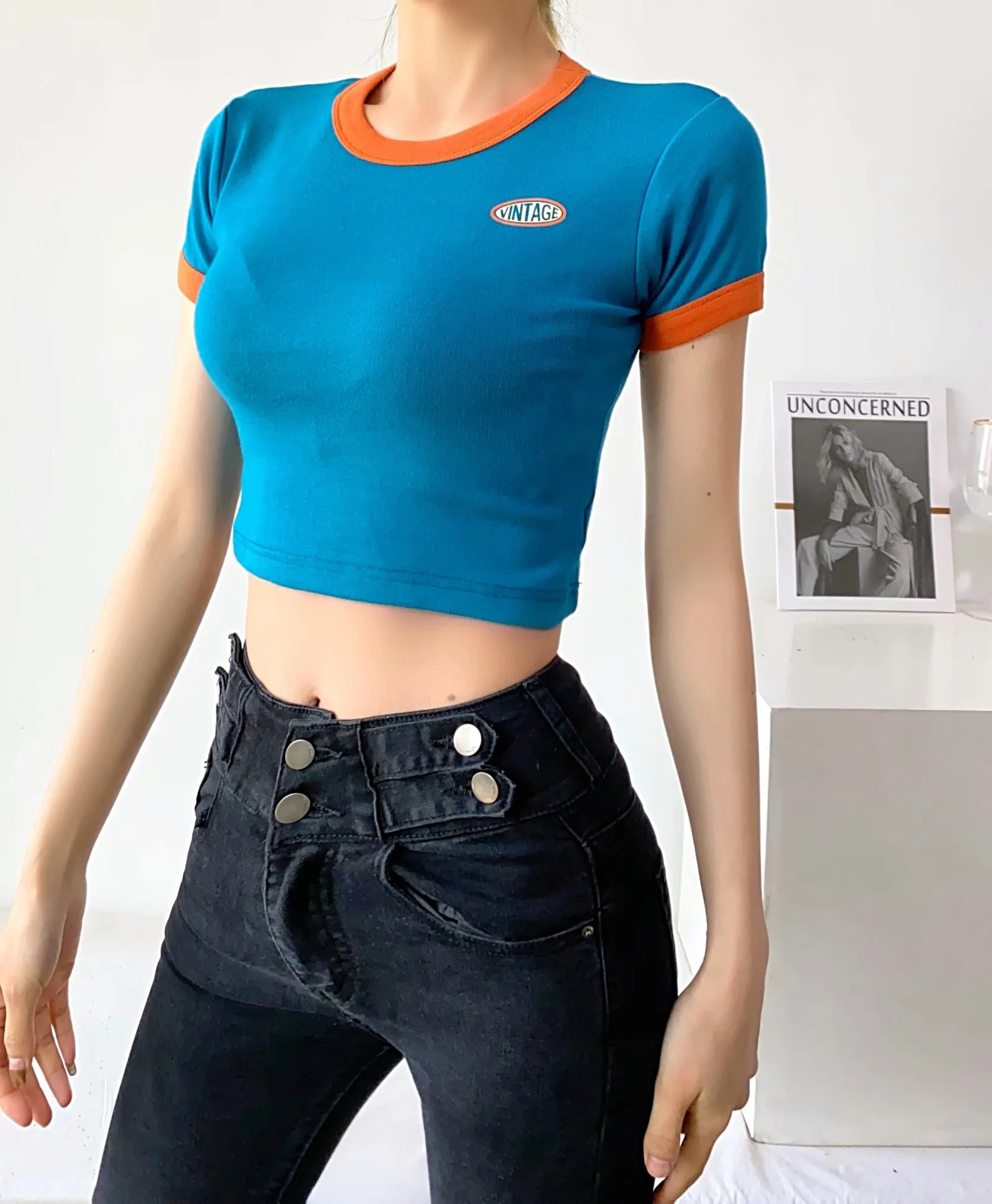 American retro style hit color T-shirt 2021 women's new crop top high waist slim yoga fitness top NSHS46610