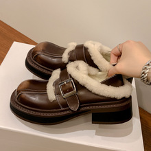 胖脚也能穿舒适宽松大圆头牛皮毛毛鞋2024冬粗中跟真皮加绒单鞋女