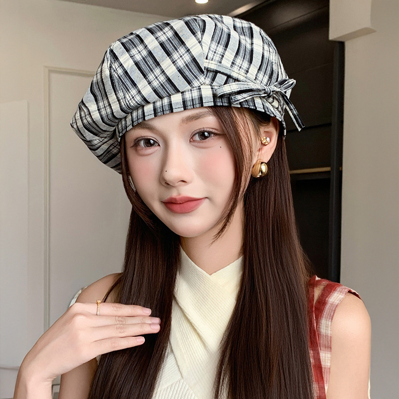 早秋薄款日系复古格子八角帽时尚贝雷帽子女透气显脸小文艺报童帽|undefined