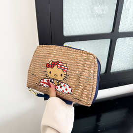 可爱kitty猫编织包包度假风卡通贴画编织包包大容量田园风手提包