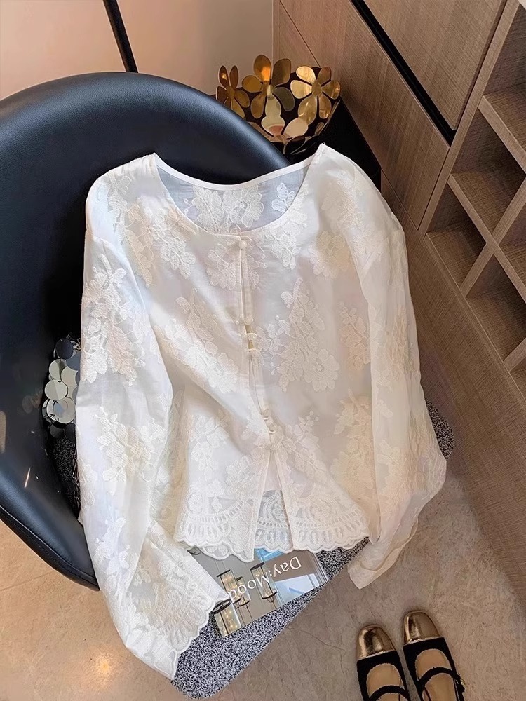 Áo sơ mi ren trắng phong cách Trung Quốc mới, dáng rộng, tay ngắn, chống nắng mỏng mùa hè — Màu mơ ([phiên bản chống nắng một lớp])