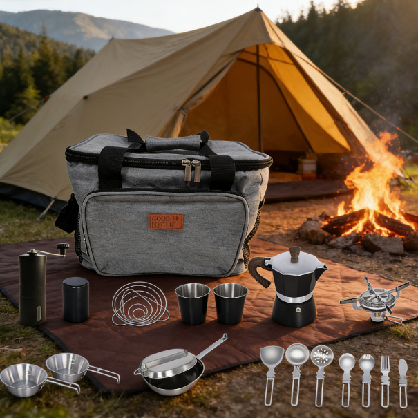 Cocinas de camping set de cocinas de café al aire libre cocinas de cocinas hervidoras de agua hervidoras de café portátil paquete completo