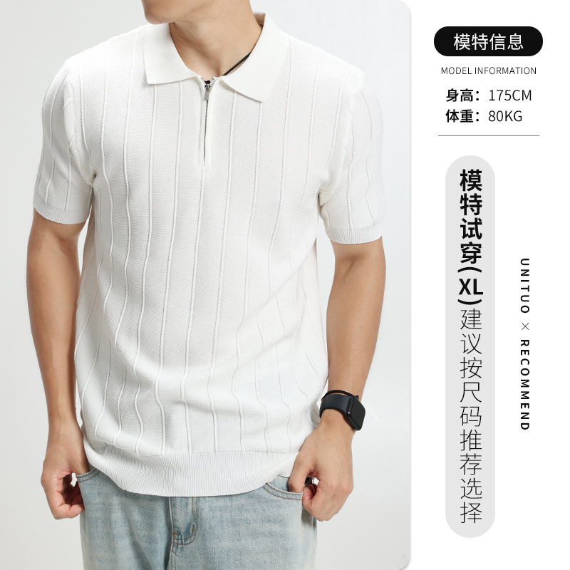Lujo ligero de alta calidad zipper jersey polo camiseta de hombre manga corta con solapa vertical texturizada camiseta de alta calidad ropa de hombre