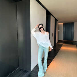 周淼ZHOUMIAO复古竹节纹理弹力修身牛仔裤高腰微喇简约休闲长裤女
