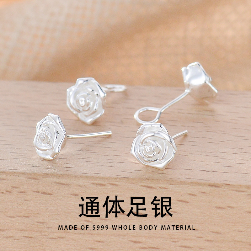 耳釘女純銀999玫瑰花耳環氣質彎勾養耳洞送媽媽款母親節禮物C0065