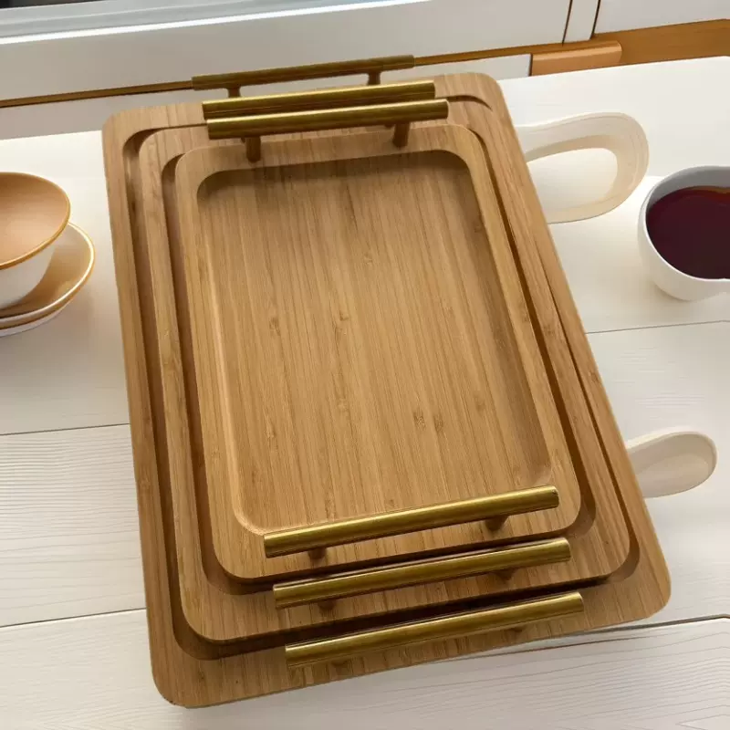 直角茶具竹制托盘早餐盘带提手家用金色圆棍三件套收纳