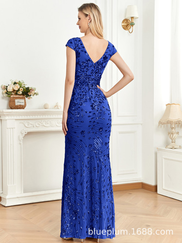 New European and American sequined blue evening dress banquet elegant slim fishtail dress long toast party dress
