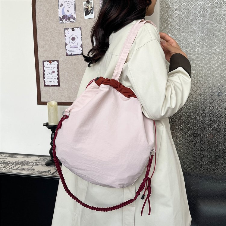 Korean style contrast casual handbag large capacity western style folding bucket bag small fresh drawstring single shoulder bag