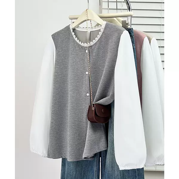 2026 New Spring Casual Retro Lace Collar Fake Two-Piece Blouse 100kg Plus-Size Color-Blocking Top 9494