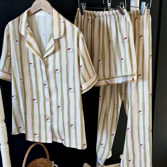 Short-sleeved Pajamas Women's Three-piece Set Spring and Summer Silk Stripe KT Thin Loose Kate Cat Ice Silk suit Wearable