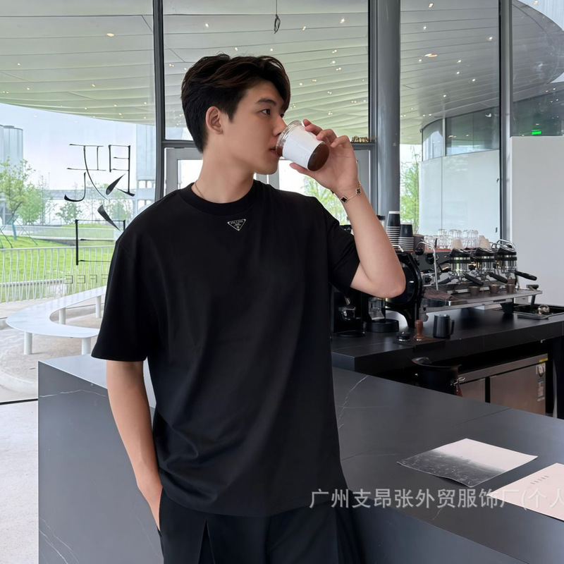 Pula Cross-Border Correct Version 25 Summer New Original Label P Brand Metal Triangle Iron Label Solid Color Short-Sleeve T-Shirt Base Layer