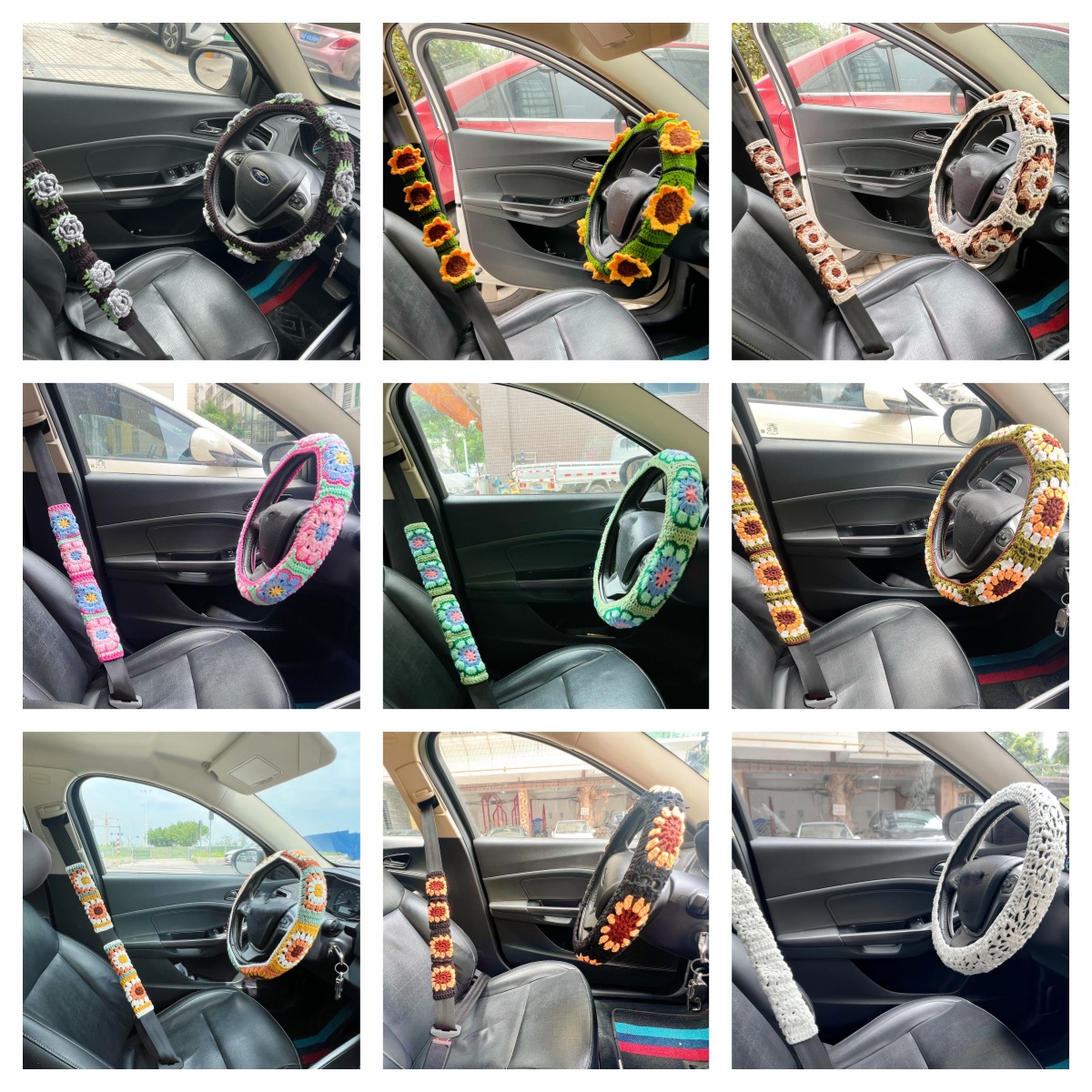 Cross-Border Car Interior Handmade Crochet Sunflower Rose Flower Decoration Steering Wheel Cover Warm Seat Belt Cover