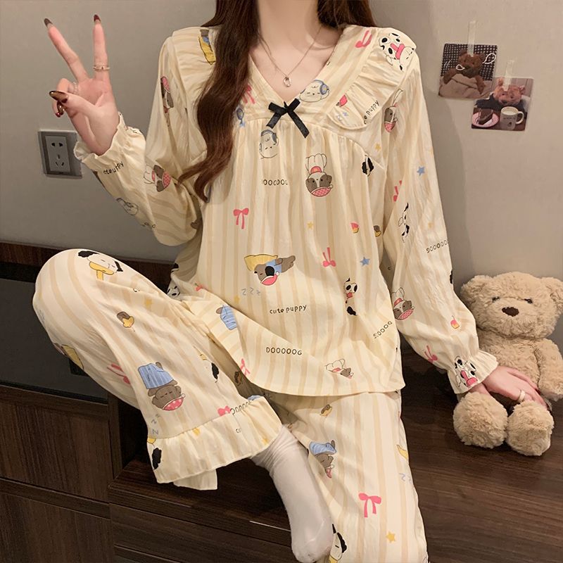 Pijamas de algodón nubes al por mayor transfronterizos de primavera y otoño de mujeres pantalones de manga larga de dos piezas con dibujos animados a rayas coreanas lindos ropa para el hogar