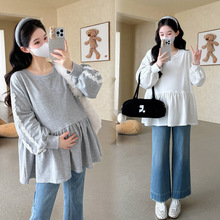 现货2025秋季新款孕妇上衣休闲拼接蕾丝花边甜美套头T恤卫衣