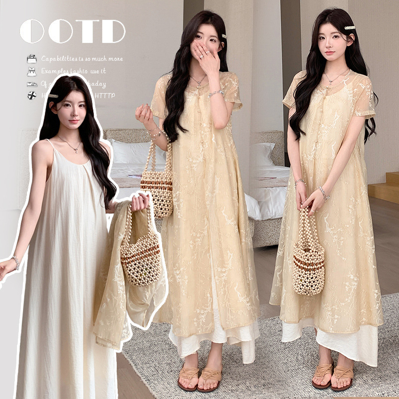 Elegant Maternity Dress Layered Outfit, Summer Fashion with a High-End Feel, Chinese Style, Loose Fit, Plus Size, Slimming and Flattering