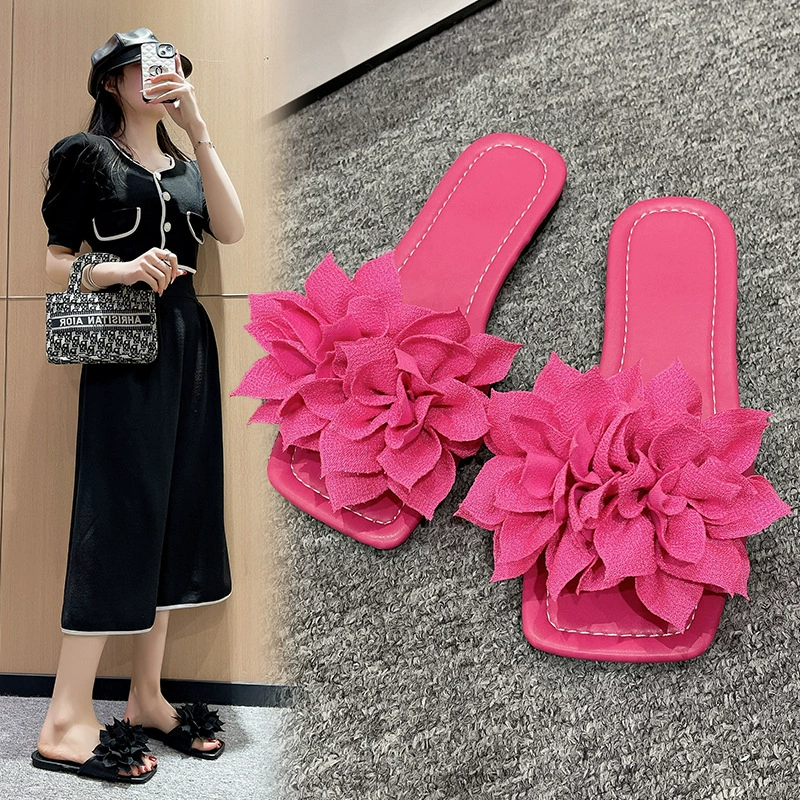Европейские и американские повседневные шлепанцы с квадратной головой женские цветы
