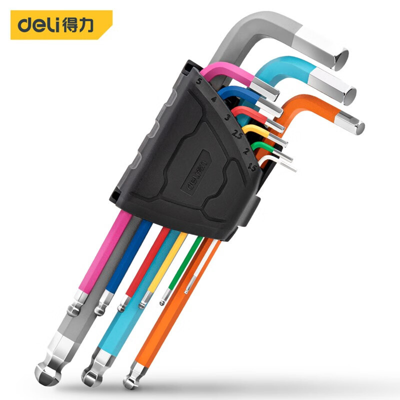 得力彩虹内六角扳手 铬钒合金钢彩色加长球头内六角扳手套装内六