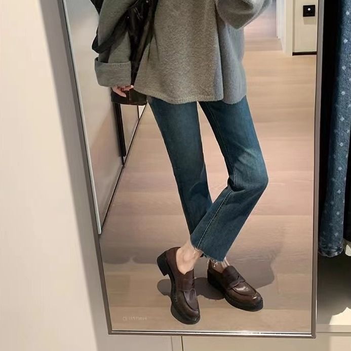 Βρετανικού στιλ μοκασίνια με ένα πόδι σε σχήμα αλόγου, καινούργια χειροποίητα μικρά δερμάτινα παπούτσια για γυναίκες, με χοντρές σόλες,_voghion.com