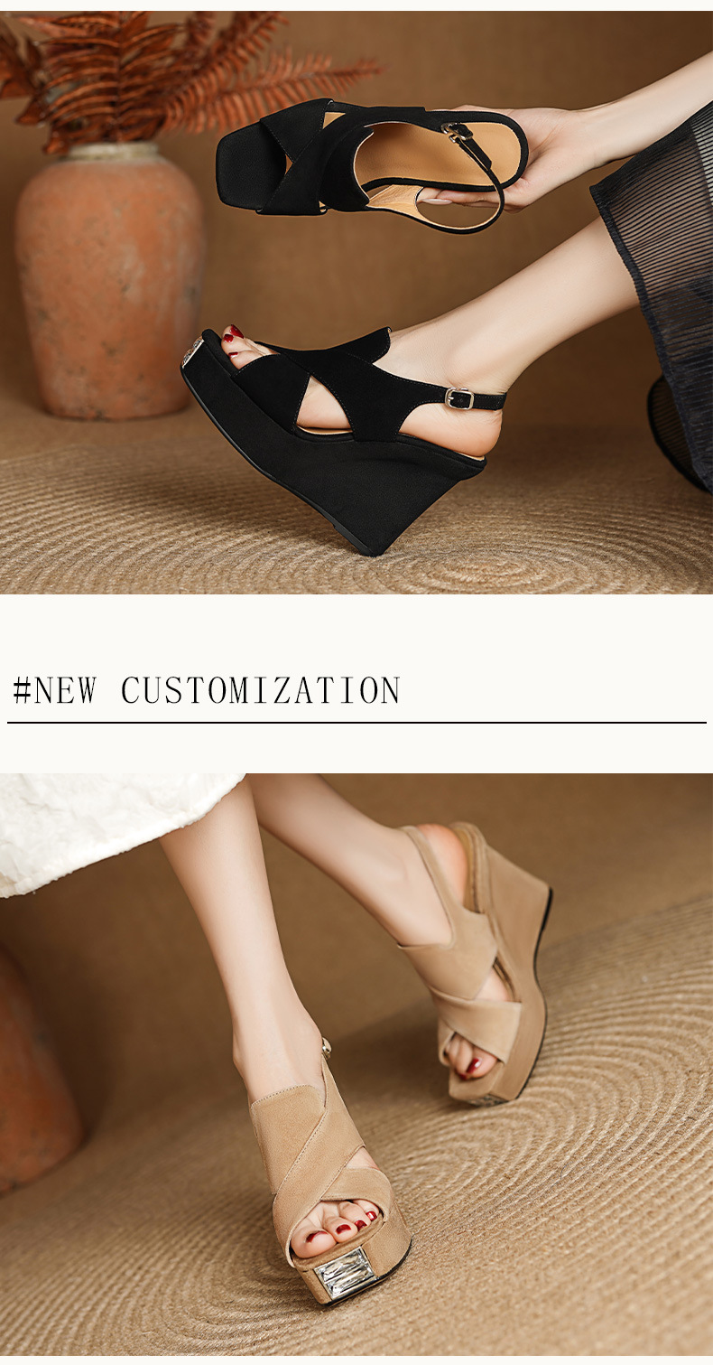 Sandal cao gót nữ hở mũi đế xuồng 10cm da lộn quai miệng cá — Màu đen chi tiết 4