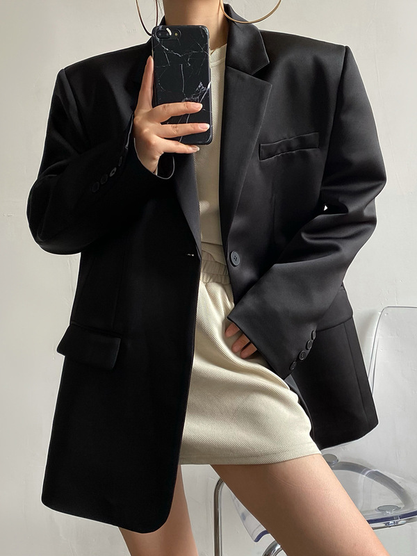 现货缎面光泽感小西装外套女2024春秋一粒扣垫肩西服|undefined