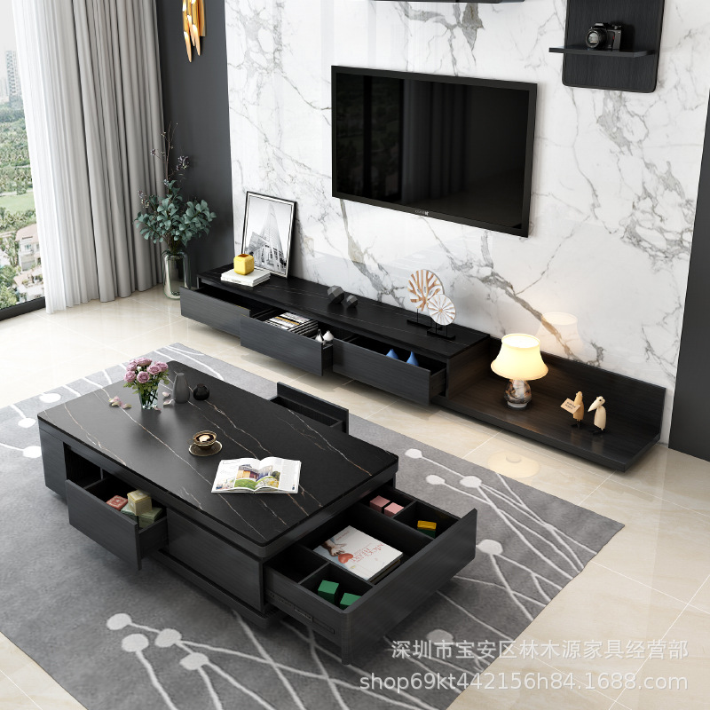 2021新款岩板茶幾電視櫃組合現代簡約大理石茶幾可伸縮電視櫃茶桌