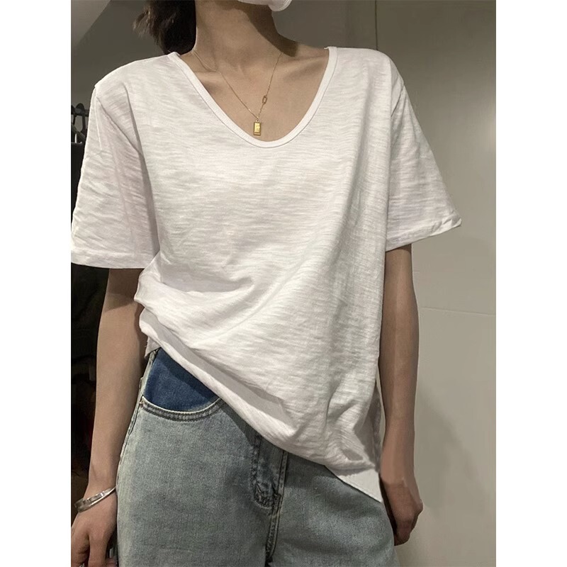 100% Bamboo Cotton V Neck Short-Sleeved T-Shirt for Women Summer Thin White Bottoming Shirt Loose Slimming Look Half-Sleeved T-Shirt Top