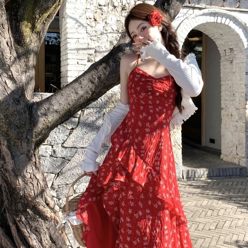 2025春夏新款绝美定义红色度假吊带开叉碎花开衫长裙两件套套装女|undefined
