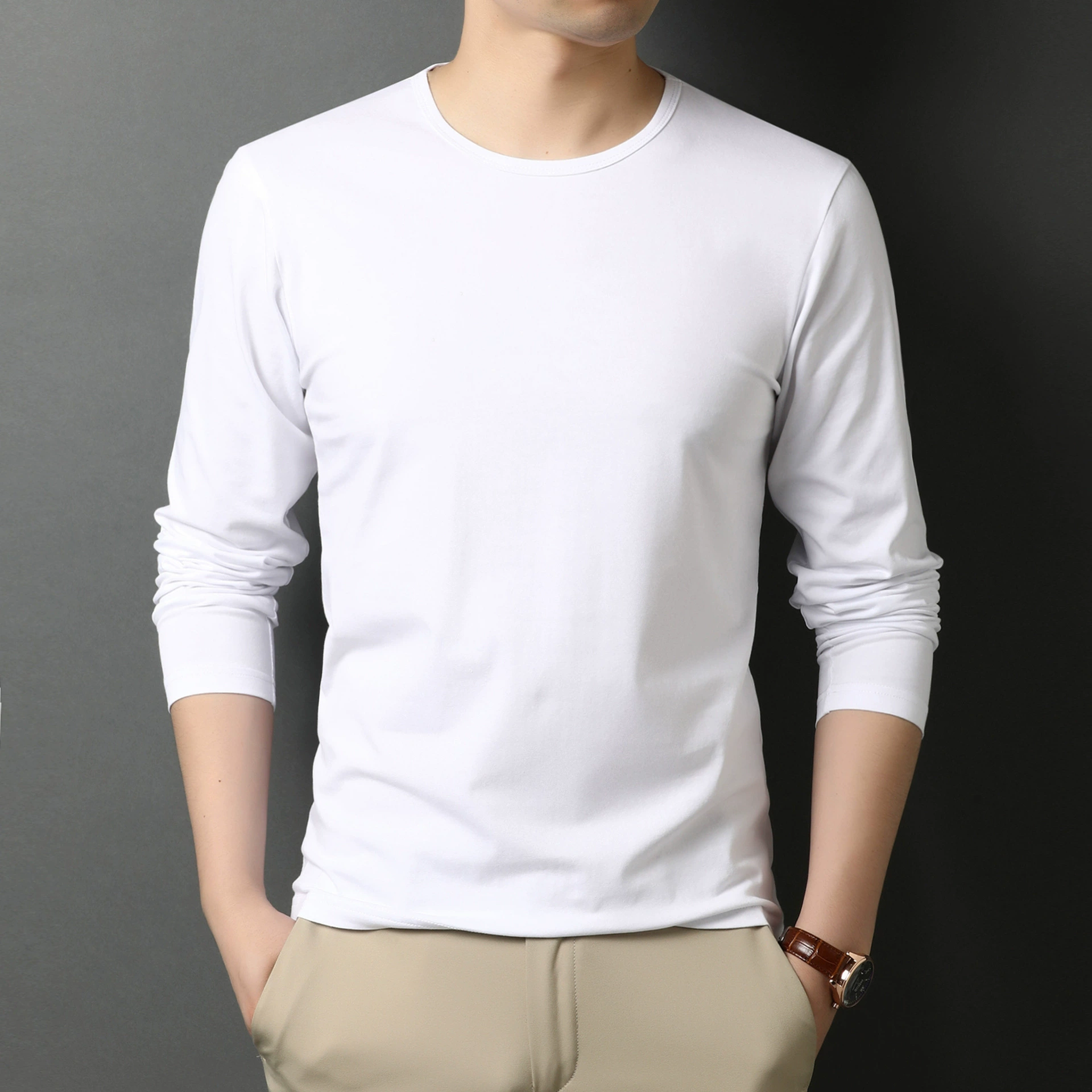 Осенняя новая Двусторонняя мерсеризованная футболка из чистого хлопка с длинными рукавами, Мужская свободная универсальная белая Базовая рубашка с круглым вырезом, Топ