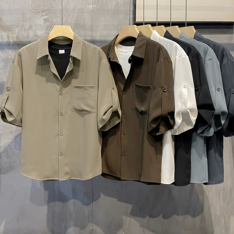 Summer Skin-friendly Ice Silk Breathable Short-sleeved Shirt Men's Trendy Simple Pure Color Ploppback Handsome Casual Middle-sleeved Shirt for Men