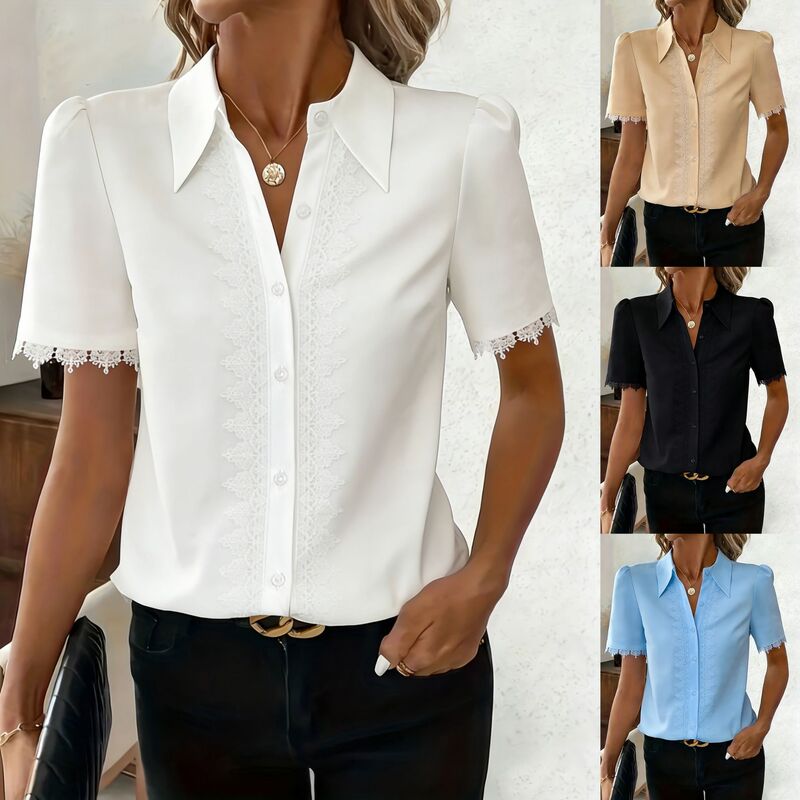 2026 Amazon European and American Women's Clothing Ebay New Style Elegant Lace-Trimmed V-Neck Women's Shirt Commuter Top