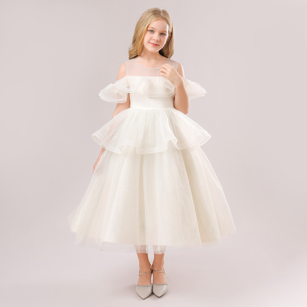 2024 primavera nuevo vestido de pasarela para niños vestido de princesa fuera del hombro mullido tridimensional estilo occidental vestido de piano