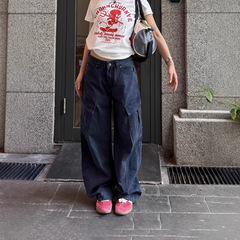 川川也家美式高街多口袋弯刀工装裤男女设计宽松褶皱休闲水洗长裤