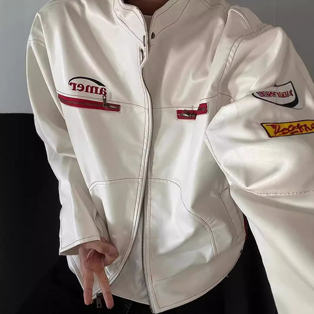 Men's white short leather jacket, autumn and winter style, American high-street motorcycle jacket, trendy brand, high-end stand-up collar embroidered jacket.