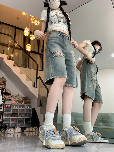 Vintage, torn, five-cent jeans, women's 2025 summer, high waist, large size, loose, slimming straight, wide leg, medium pants