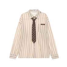 嘉衣库潮牌∣美式复古学院风洗水做旧条纹提花长袖领带设计感衬衫