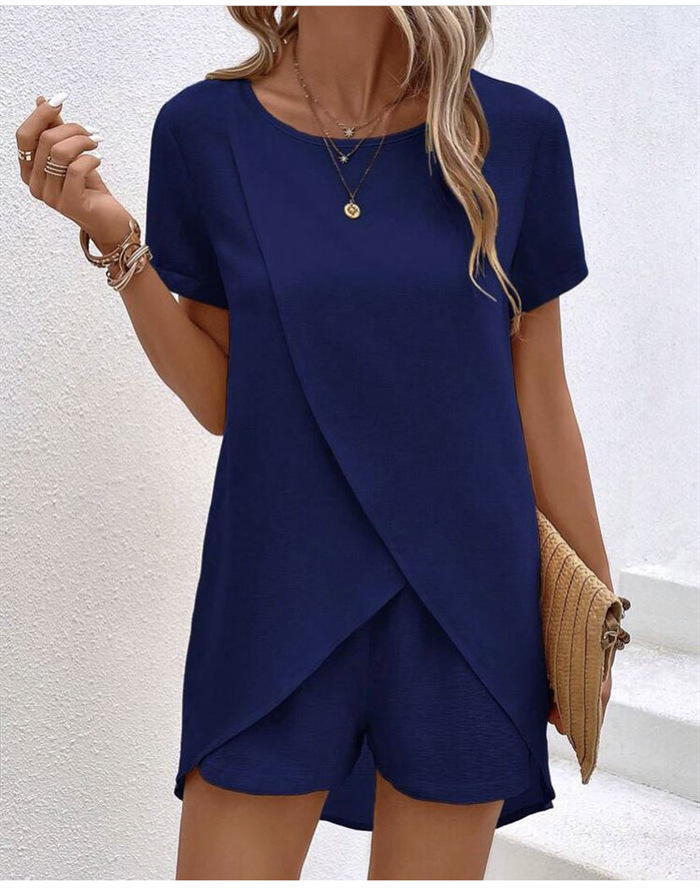 Summer Women's Solid Colour Two-piece Set With Irregular Top_voghion.com