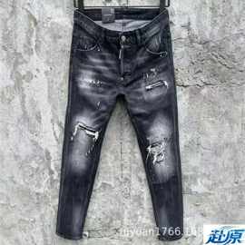 2026春款牛仔长裤男d2黑色修身小脚休闲水洗破洞补丁泼墨潮微弹潮