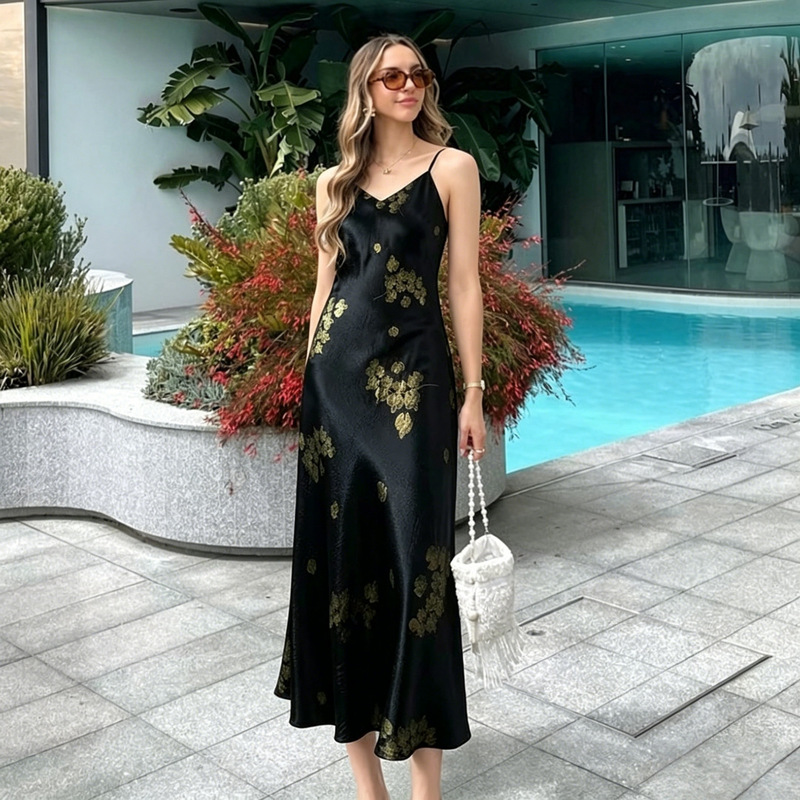 2026 New Summer Cross-Border Women's High-End Satin Strap Dress A-Line Slimming Black Gown Long Dress 2026 New Summer Cross-Border Women's High-End Satin Strap Dress A-Line Slimming Black Gown Long Dress