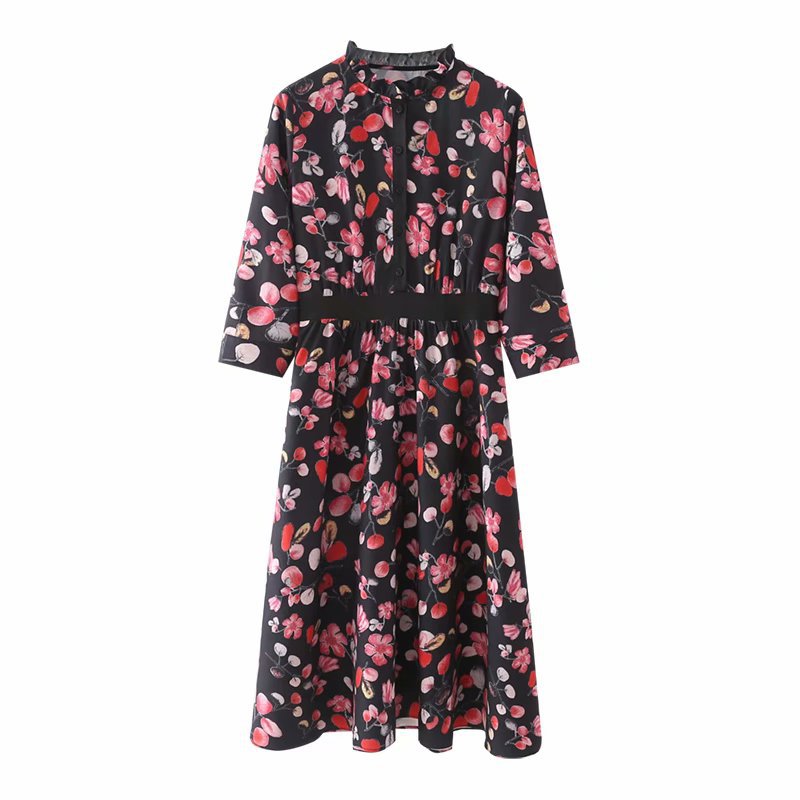 new style printed stand-up collar three-quarter sleeve dress  NSAM27123