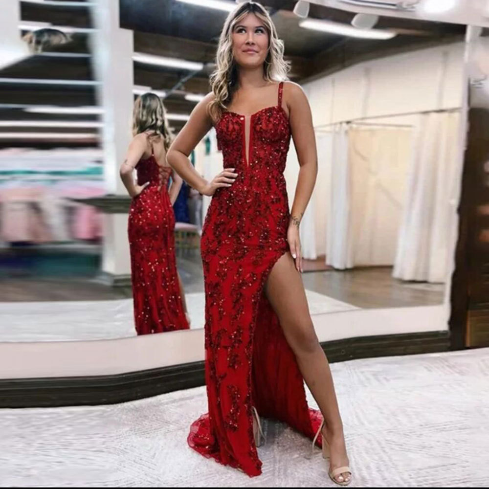 Women's Clothing new large size sequined fishtail slim long slit evening dress_voghion.com